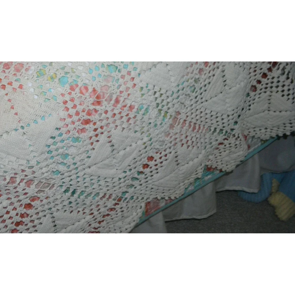 Vintage Crochet Bed Cover Twin Filet Border Cottagecore Shabby Chic Timeless
